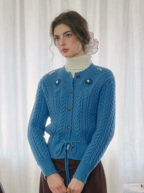 Butter Soft Finishing Vesper Wavy Neck Ribbed Wool Cardigan - Blue