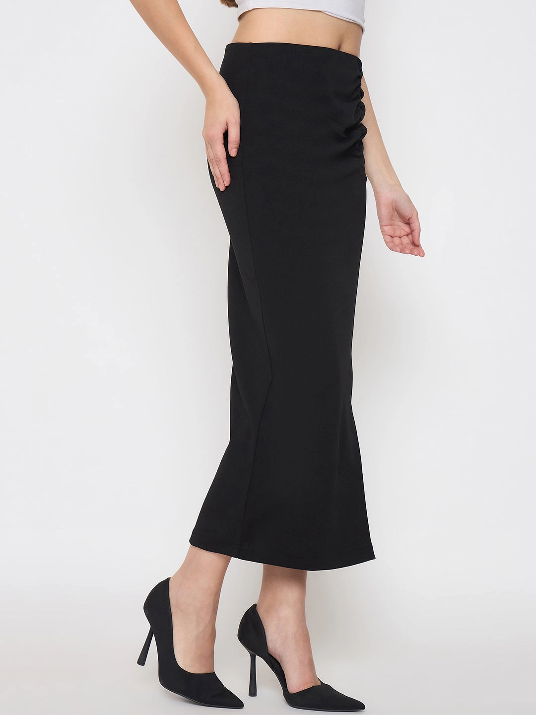 Neutral Wear Glamorous Appeal Madame Ruched Solid Black Pencil Skirt