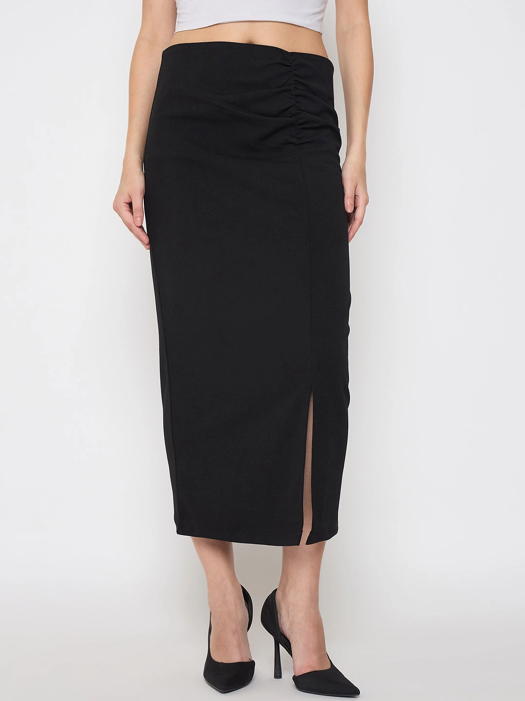 garden party Ankle length Madame Ruched Solid Black Pencil Skirt