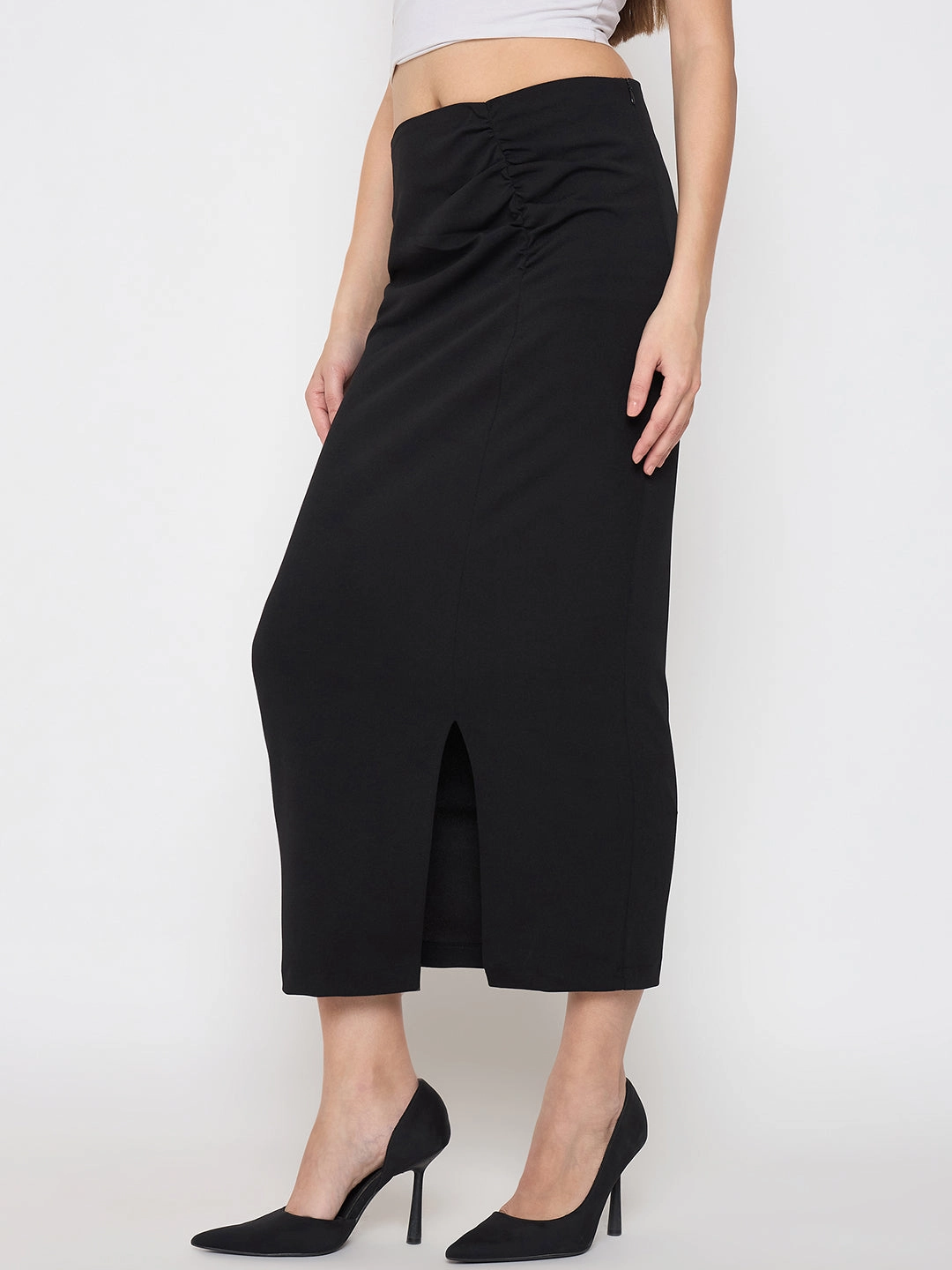 Versatile Outfit Madame Ruched Solid Black Pencil Skirt