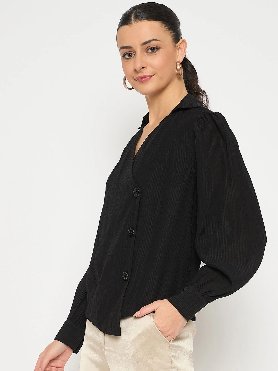 Madame Black Asymmetrical Hemline Rayon Blend Shirt Picnic Outfit