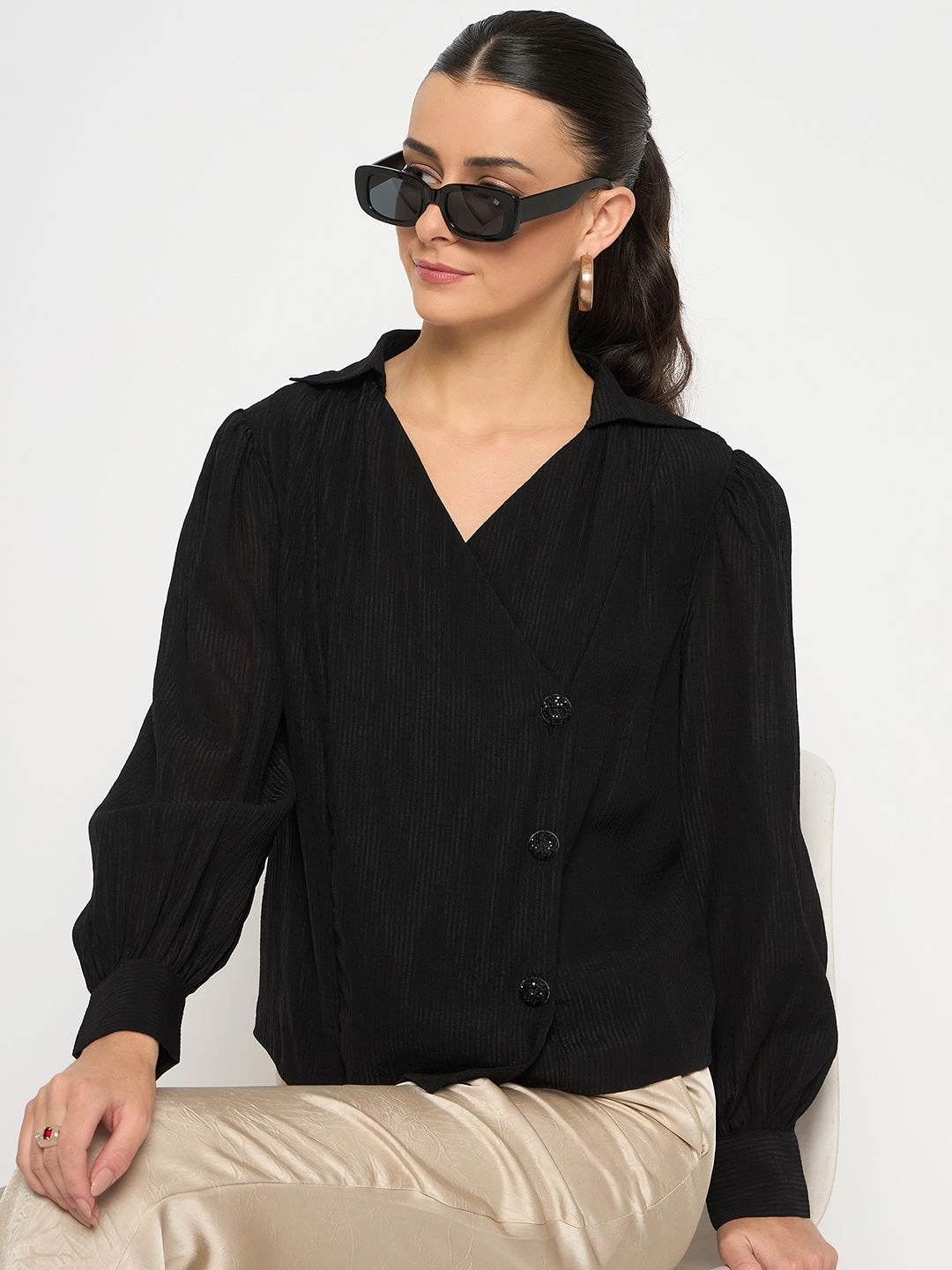 Button-up Madame Black Asymmetrical Hemline Rayon Blend Shirt