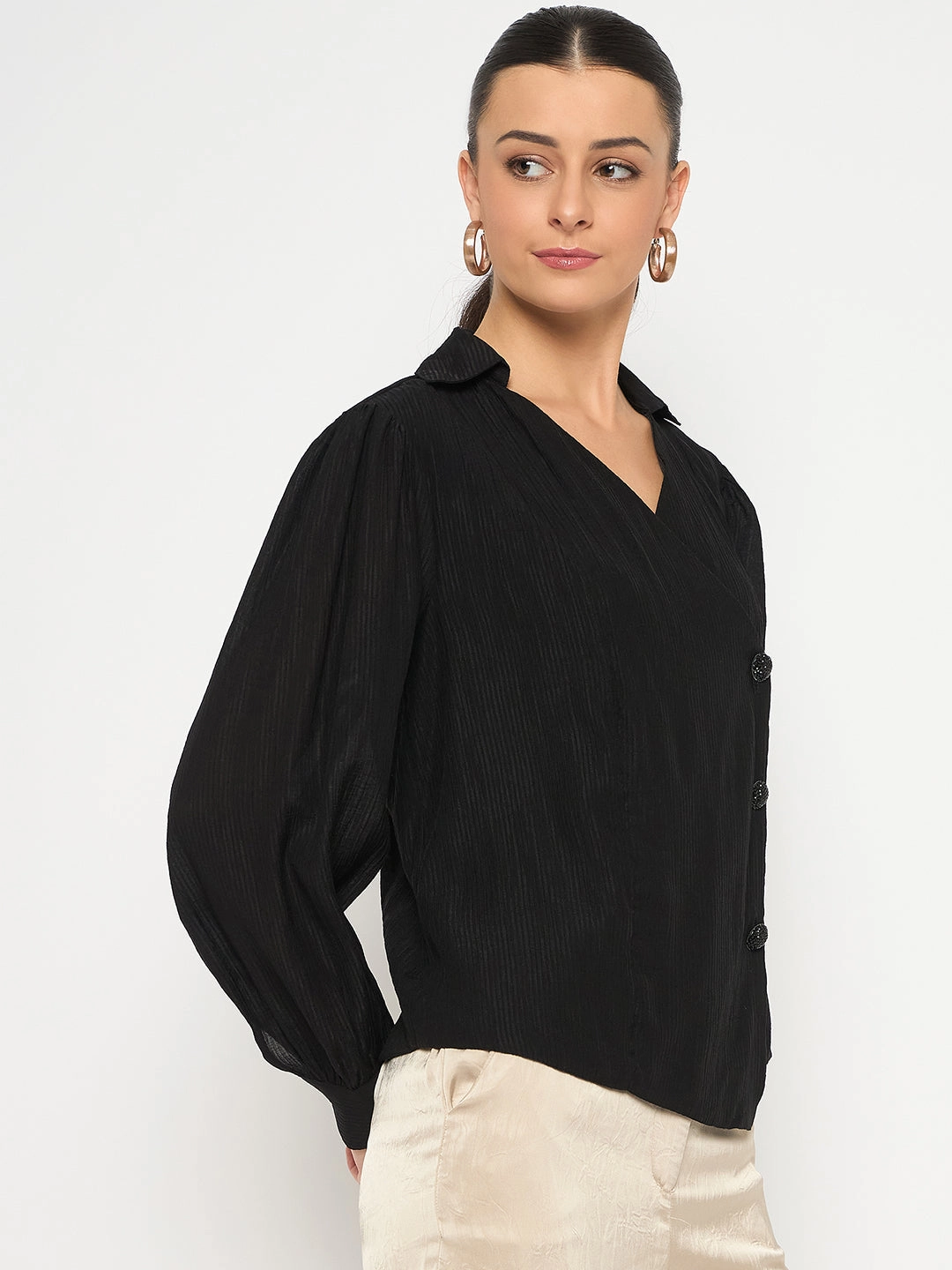 Everyday Wear Madame Black Asymmetrical Hemline Rayon Blend Shirt