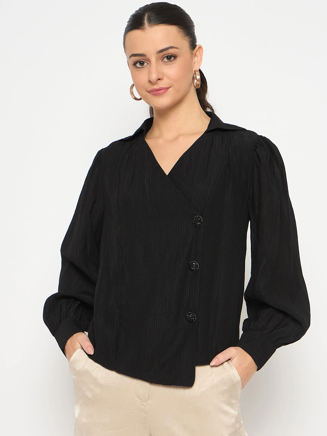Madame Black Asymmetrical Hemline Rayon Blend Shirt Ergonomic Sleeve Cut color block