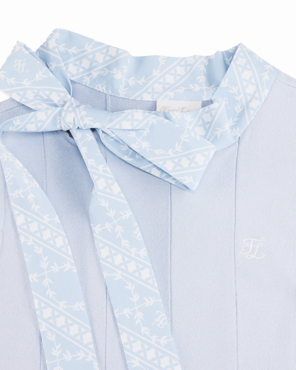 Patterned Neck ribbon sleeveless knit - Blue Fray Resistant Edges LowMaintenance Fabric
