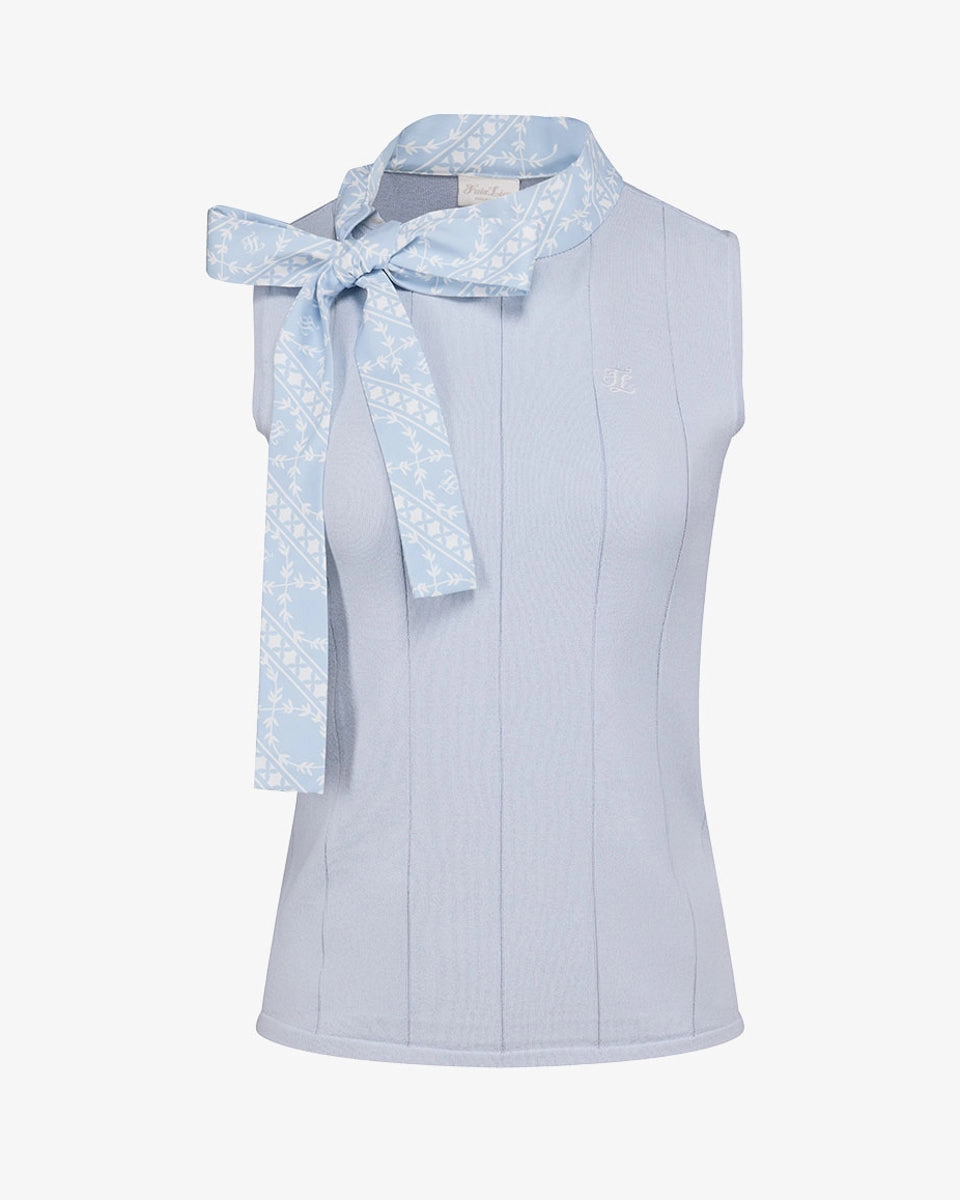 Patterned Neck ribbon sleeveless knit - Blue Anti Static Treatment