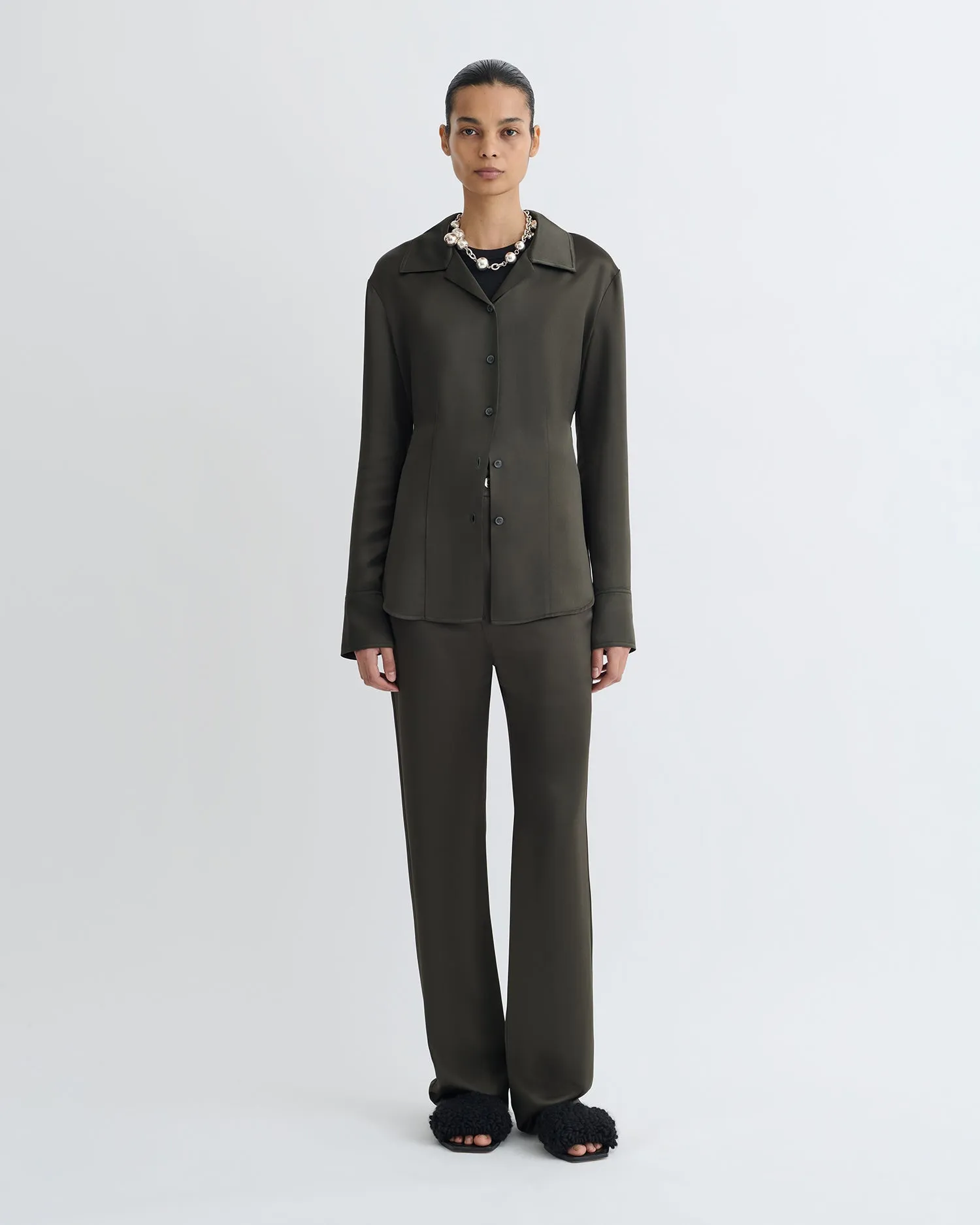 hang dry Soft Feel Nathalie - Slip Satin Shirt - Dark Green