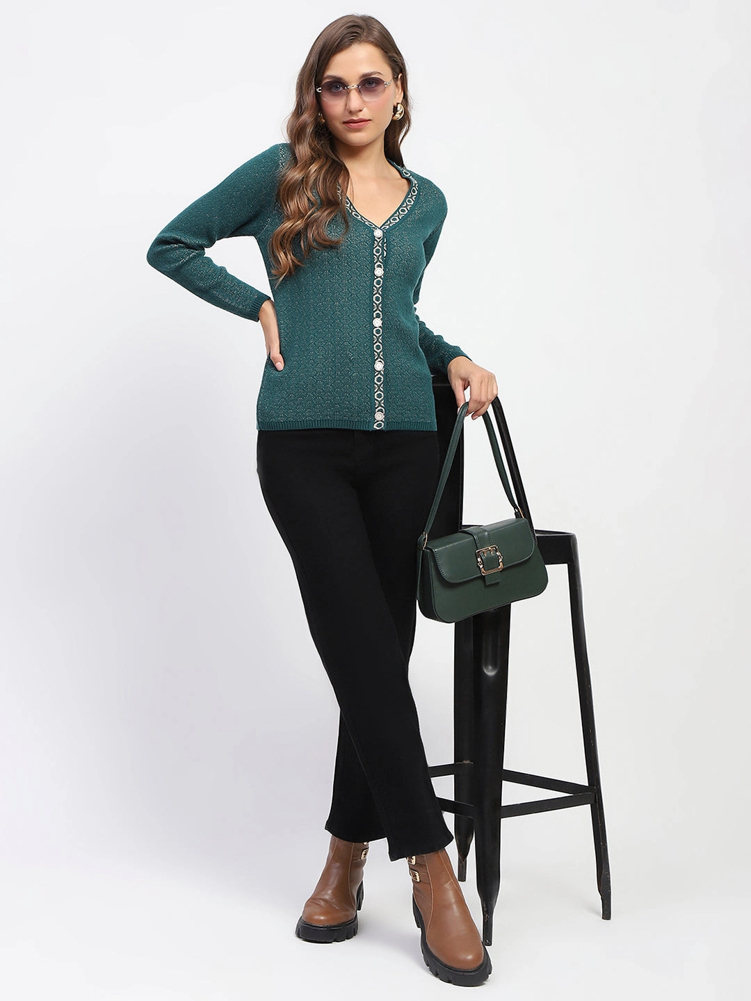 Madame Geometric Pattern V Neck Green Cardigan LightweightTexture Biodegradable Fiber Composition