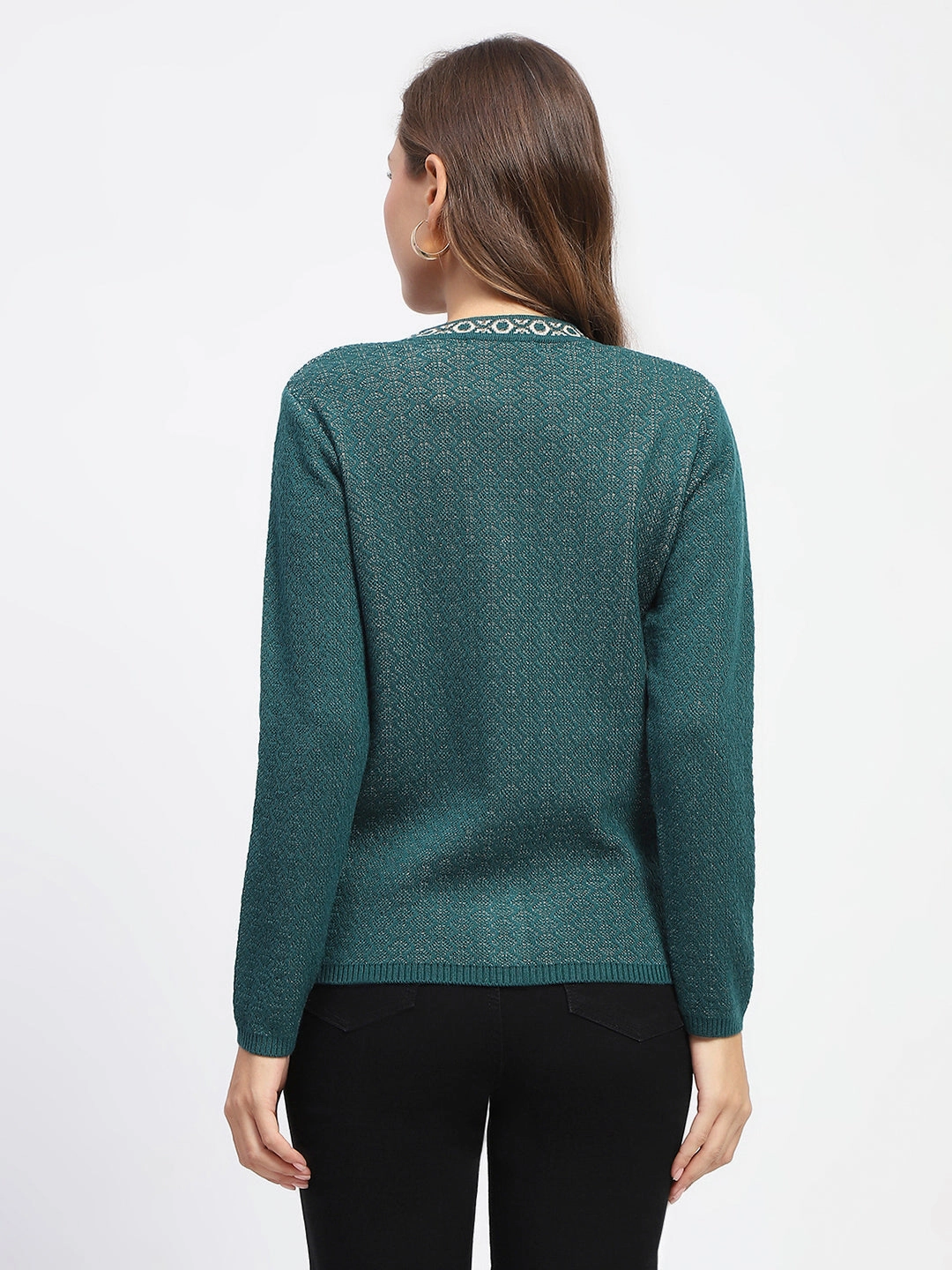 NeutralPalette Madame Geometric Pattern V Neck Green Cardigan