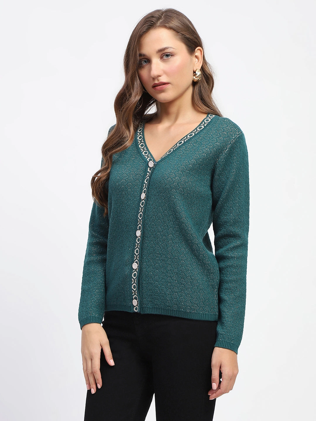 Madame Geometric Pattern V Neck Green Cardigan Friction Resistant Edges Odor Neutralizing Technology