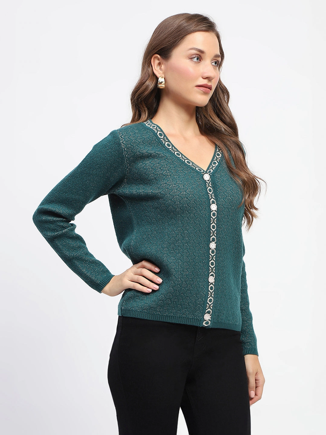 Madame Geometric Pattern V Neck Green Cardigan ComfortStretch Drop Shoulder Silhouette