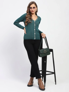 Madame Geometric Pattern V Neck Green Cardigan LightweightTexture Biodegradable Fiber Composition