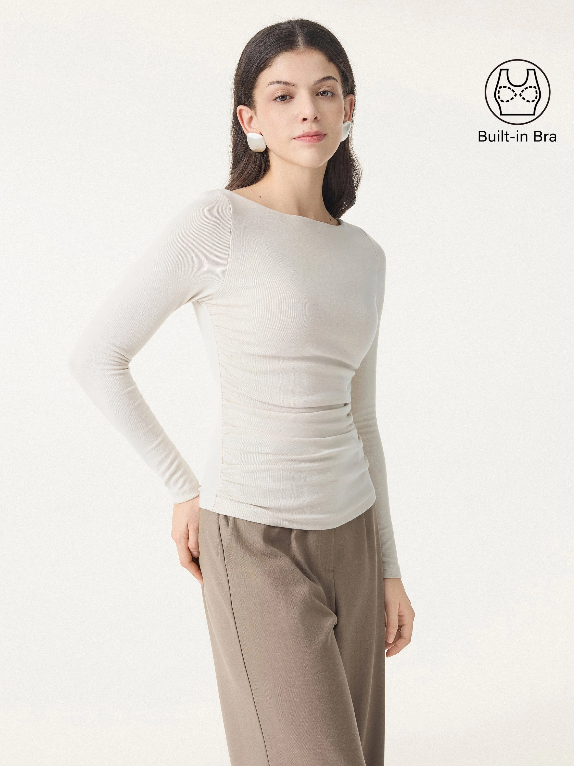 Light Warm Boatneck Ruched Brami Top Adjustable Hemline BondedHemline