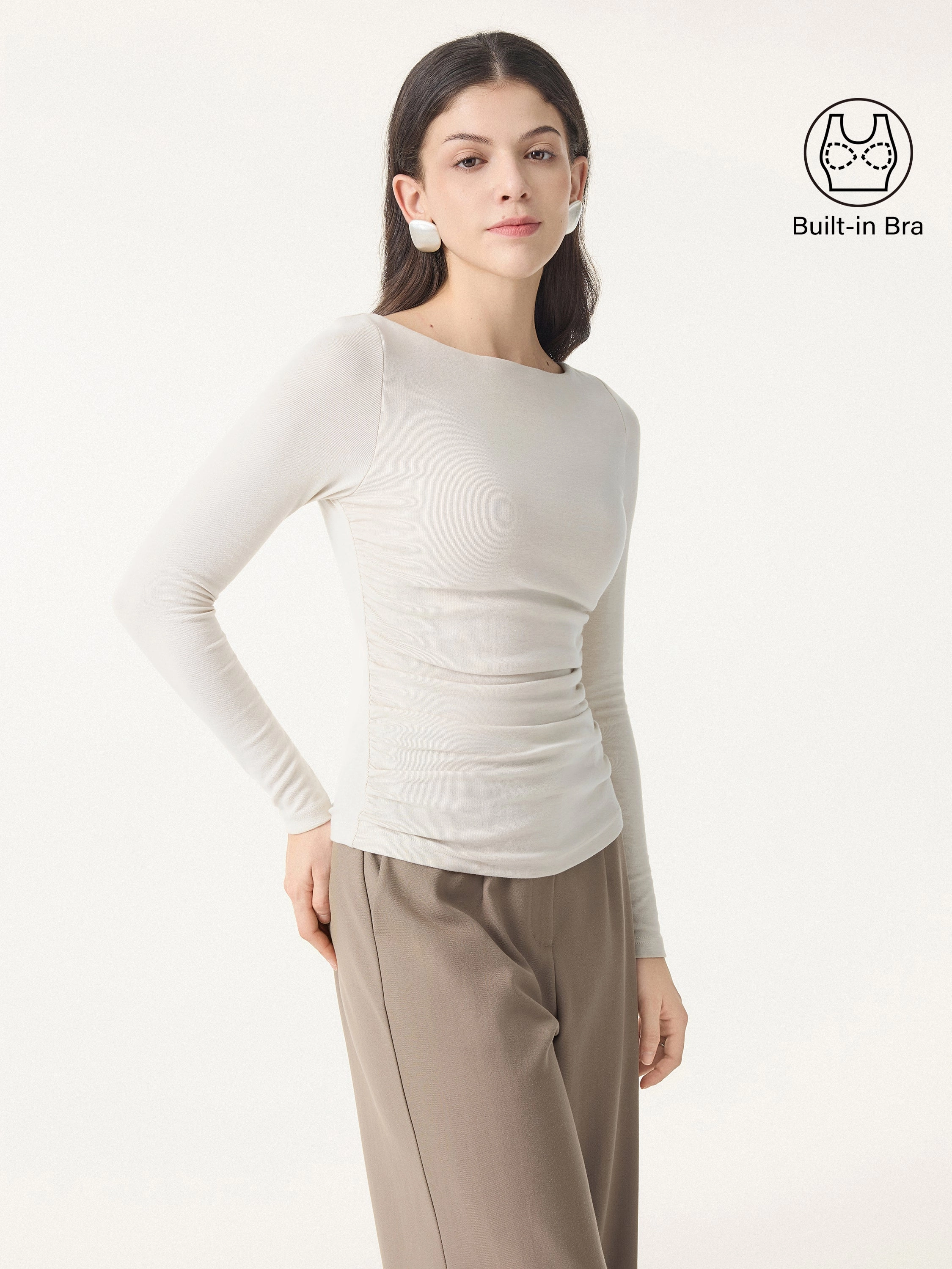 Light Warm Boatneck Ruched Brami Top Interlock Weave High Neckline Structure