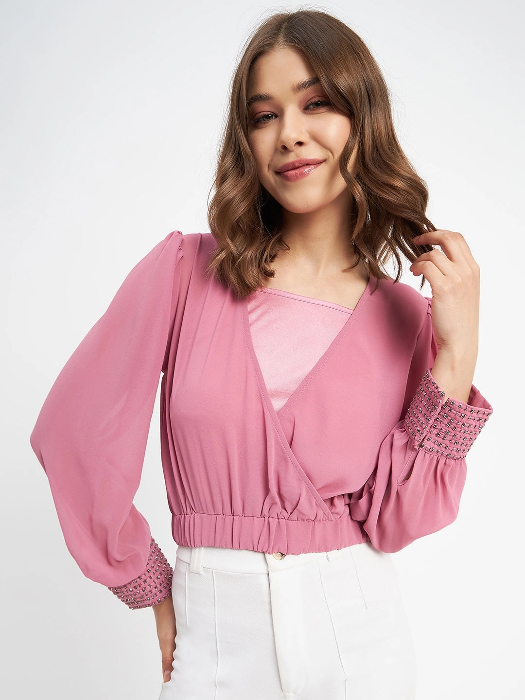 Madame Elasticated Hem Pink Wrap Crop Top AntiPillingTreatment