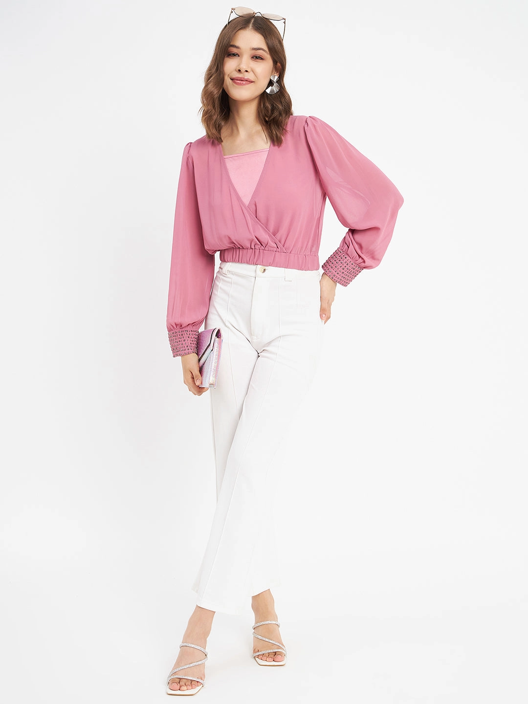 Madame Elasticated Hem Pink Wrap Crop Top ContrastStitching