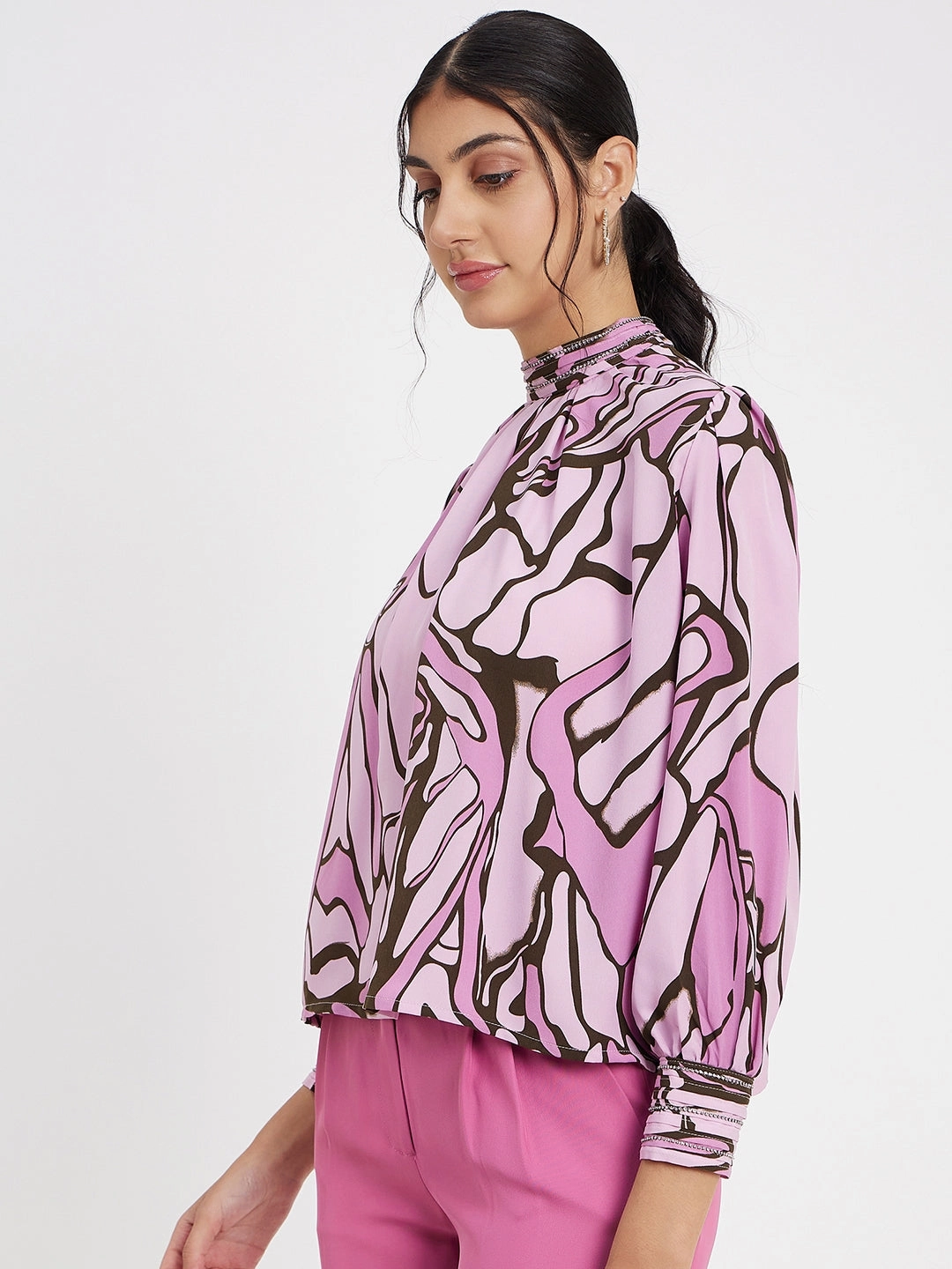 Light material Ventilated Back Panels Madame Embellished Butterfly Print Mock Neck Mauve Top