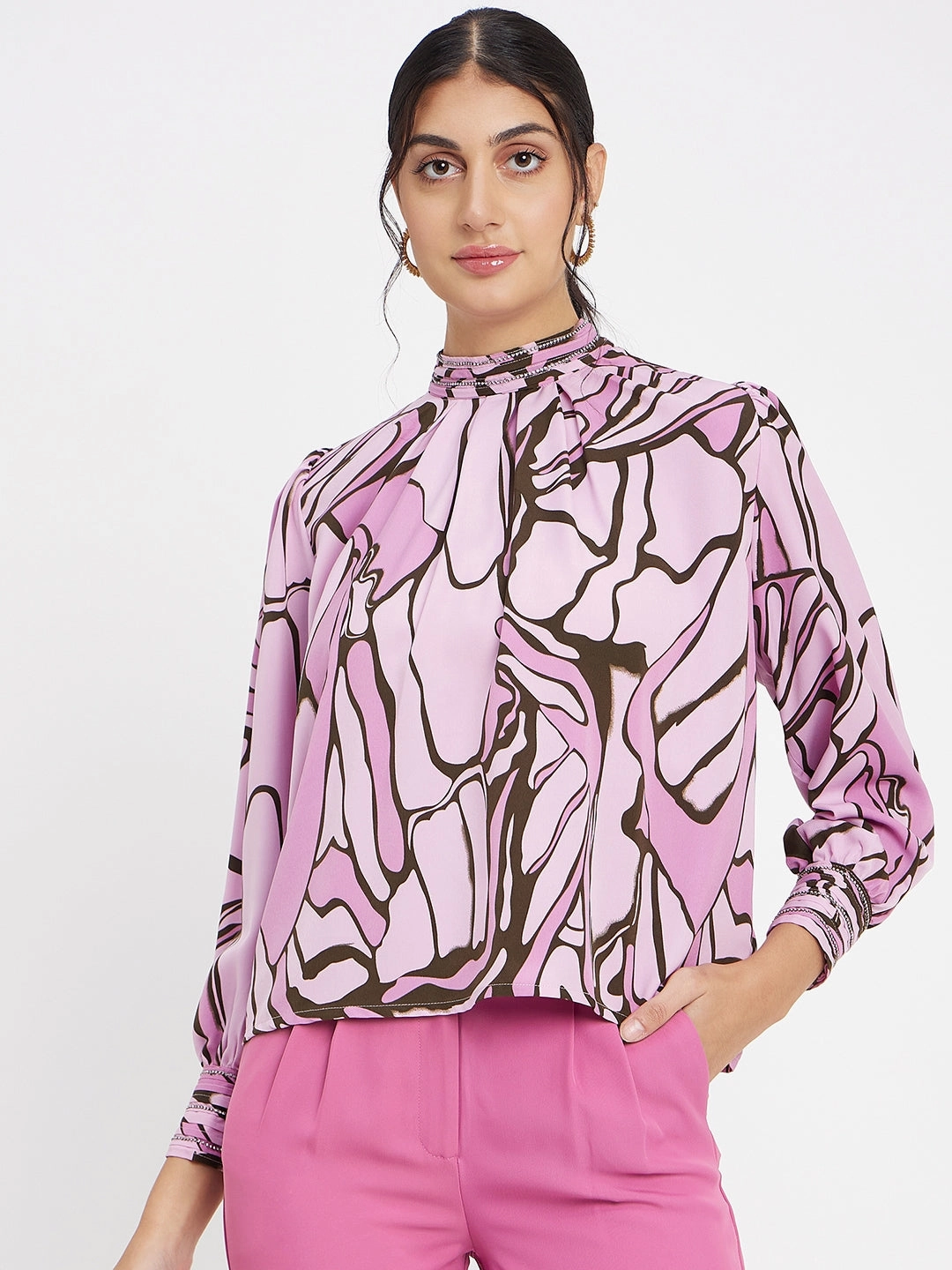 Madame Embellished Butterfly Print Mock Neck Mauve Top Stay Cool Technology