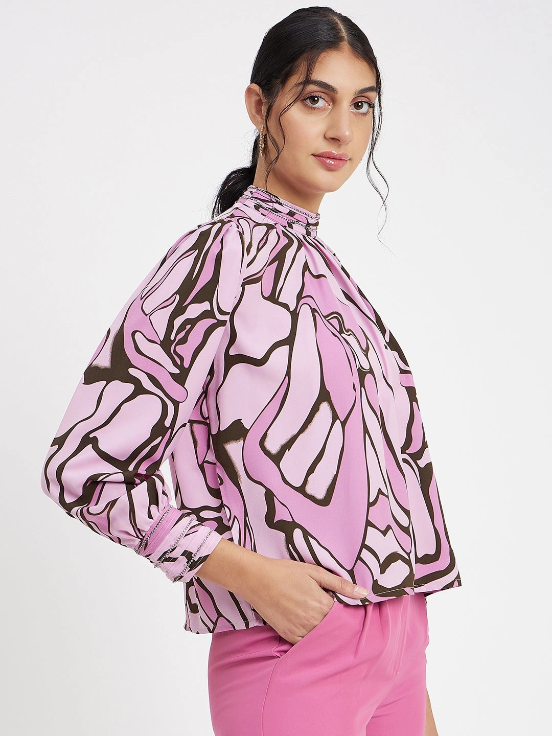Madame Embellished Butterfly Print Mock Neck Mauve Top TexturedSurface MultiPurposeUtility