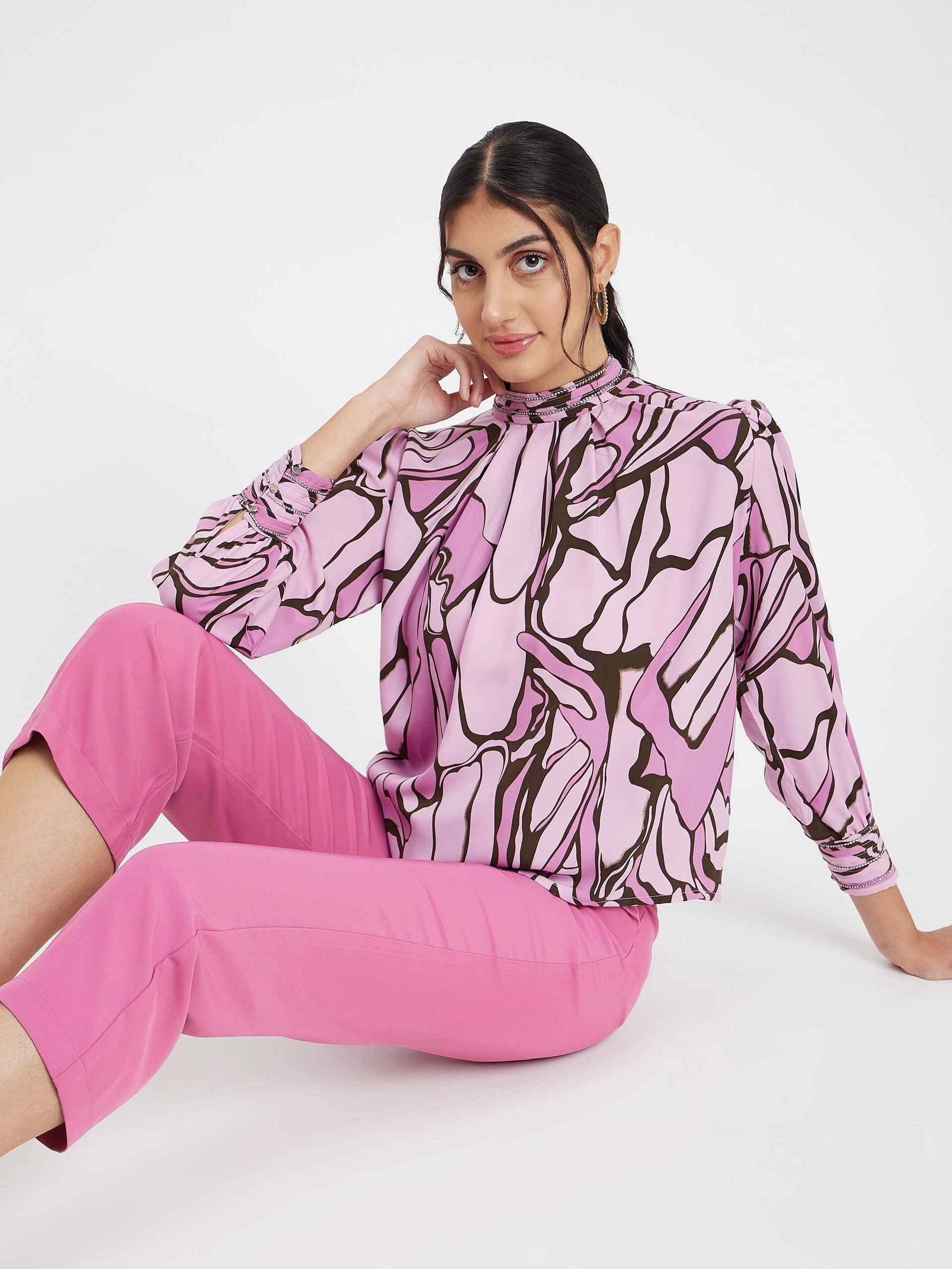 Breathable mesh panel QuickDry Performance Madame Embellished Butterfly Print Mock Neck Mauve Top