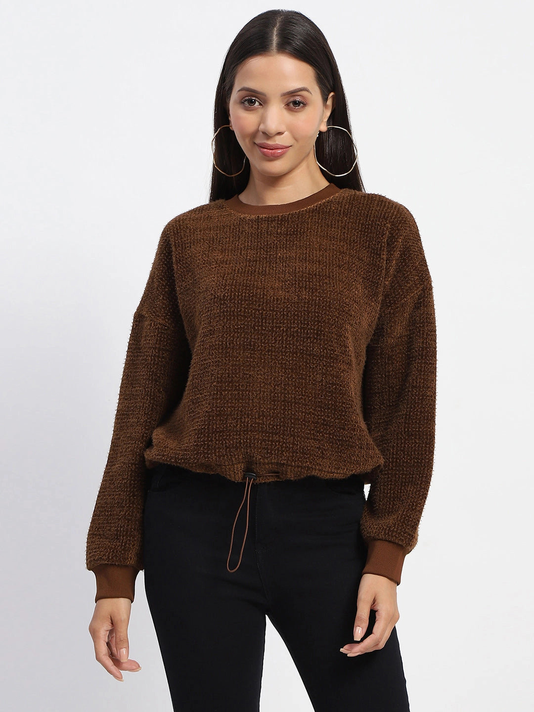 Light Reflective Printing Snag Proof Weave Madame Elastic Pull Drawstring Brown Top