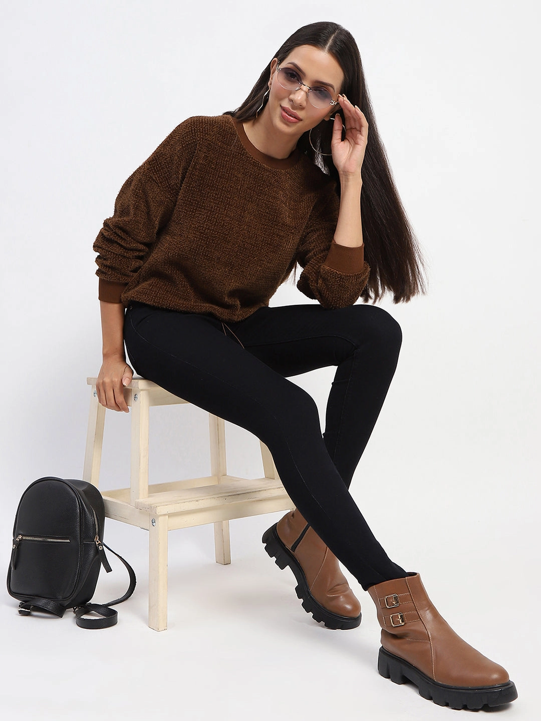 Tagless Comfort Collar NoRoll Hem Technology Madame Elastic Pull Drawstring Brown Top