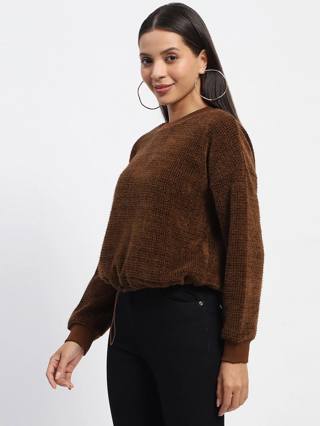 Madame Elastic Pull Drawstring Brown Top StainRepellentCoating Printed Blouse