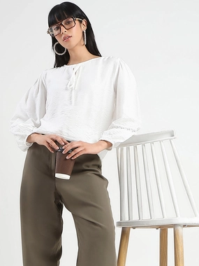 Friction Resistant Shoulder Madame Tie Neck Off White Rayon Blend Top