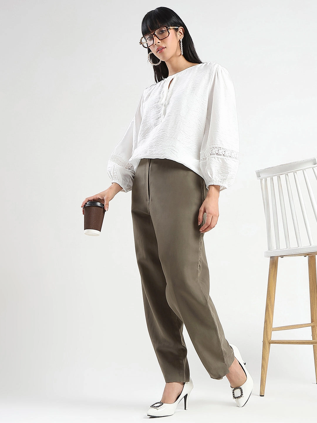 Madame Tie Neck Off White Rayon Blend Top HiddenVentilationPockets Layered Neckline Details