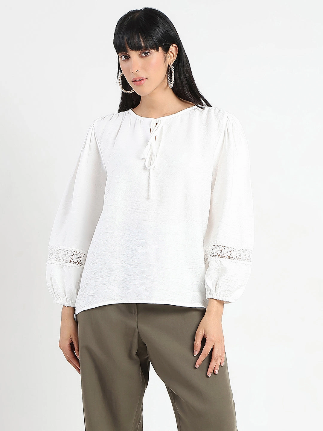 Madame Tie Neck Off White Rayon Blend Top AntiPillingSurface