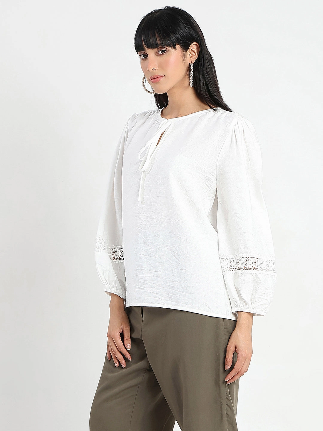 MeshLining DoubleLayeredFabric Madame Tie Neck Off White Rayon Blend Top