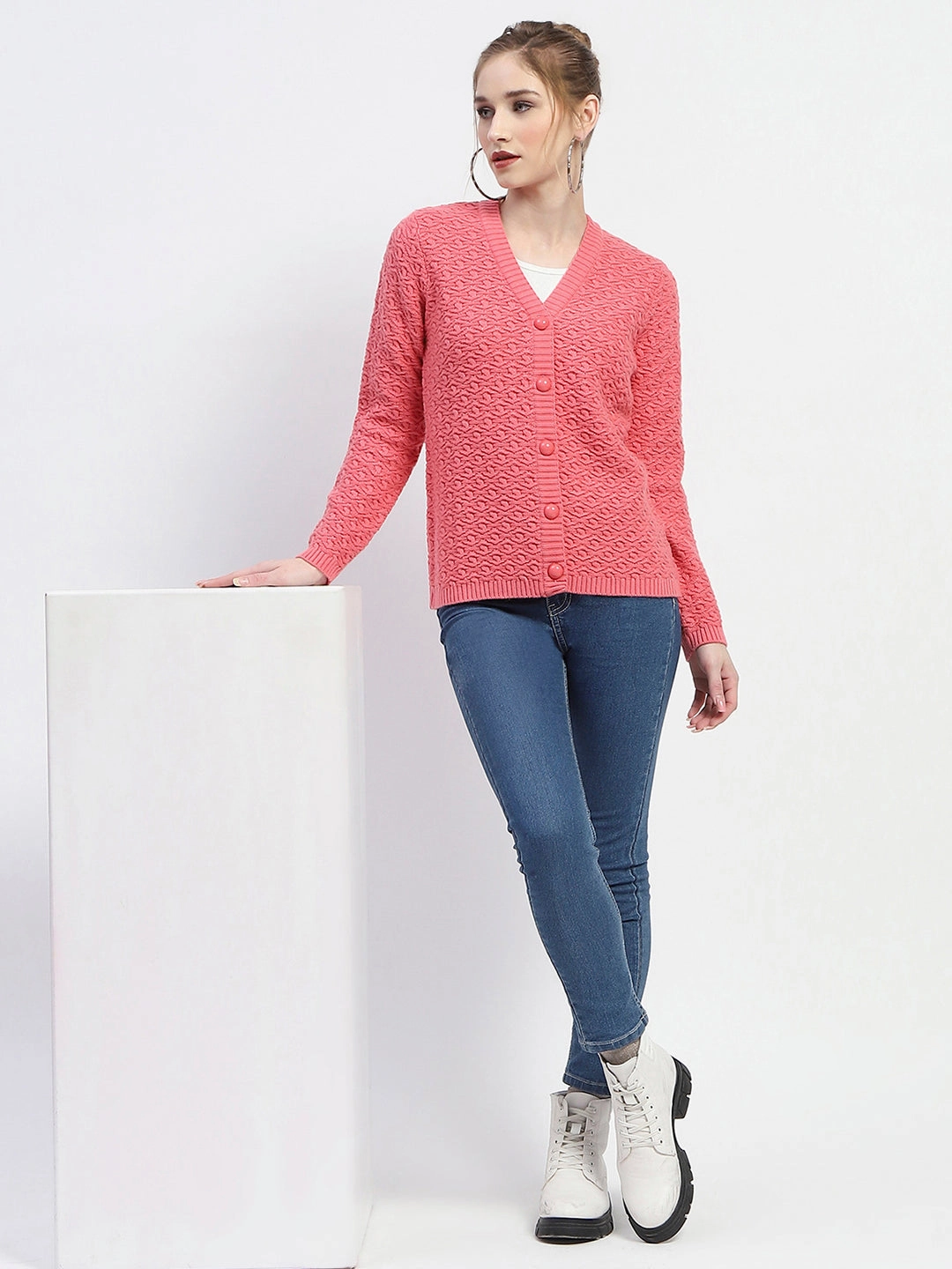 Madame Hot Pink V-Neck Knit Cardigan Recycled Fiber Blend Rolled Hem Detailing