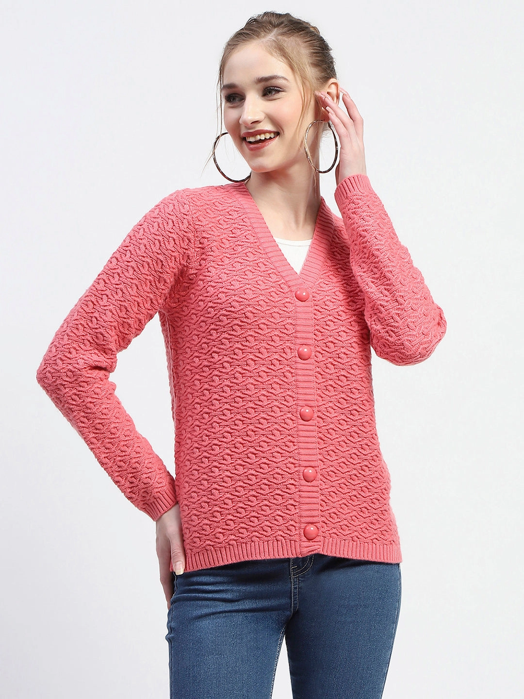 Madame Hot Pink V-Neck Knit Cardigan Minimalist Silhouette Cut OdorResistant Fabric