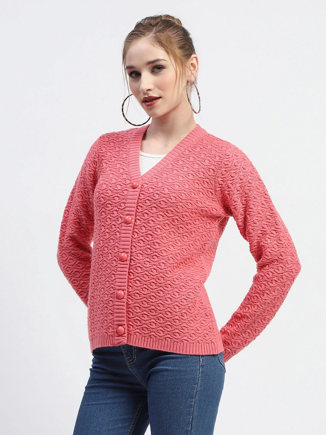 Moisture Control Lining DoubleStitchedSeams Madame Hot Pink V-Neck Knit Cardigan
