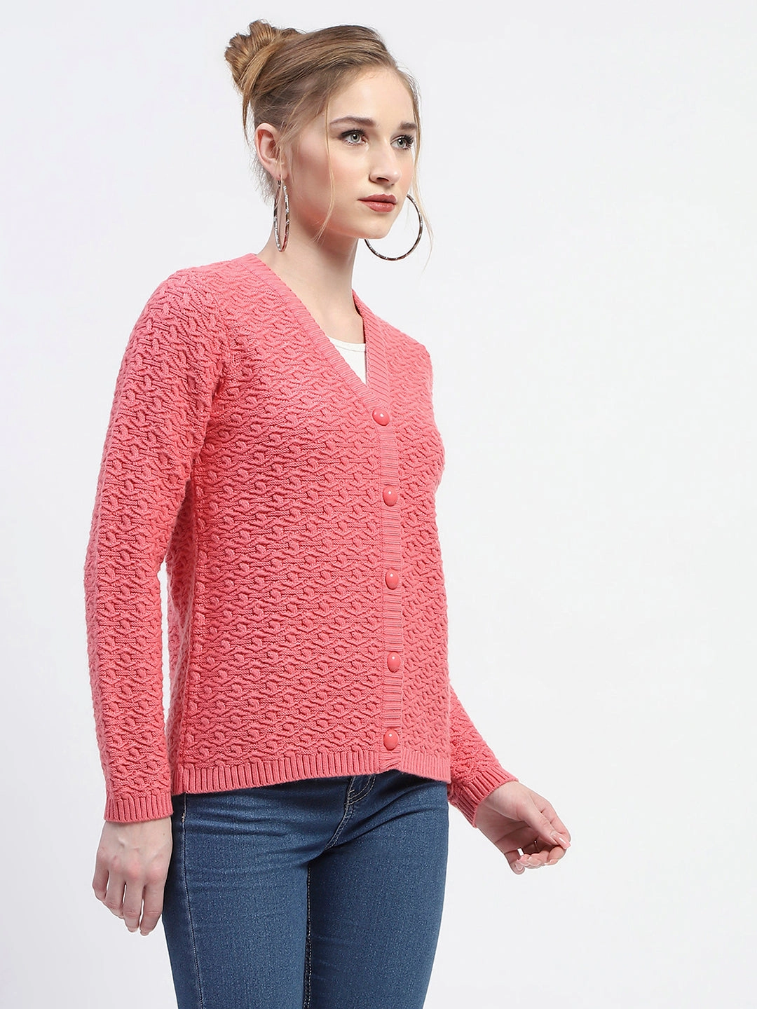 Madame Hot Pink V-Neck Knit Cardigan Relaxed Silhouette
