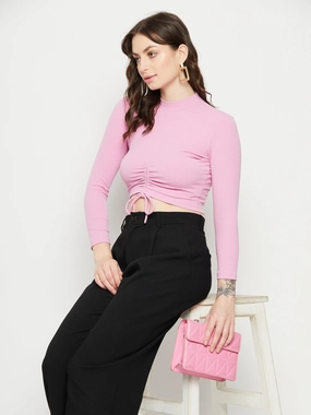 Madame Baby Pink Drawstring Crop Top Unstructured Fit