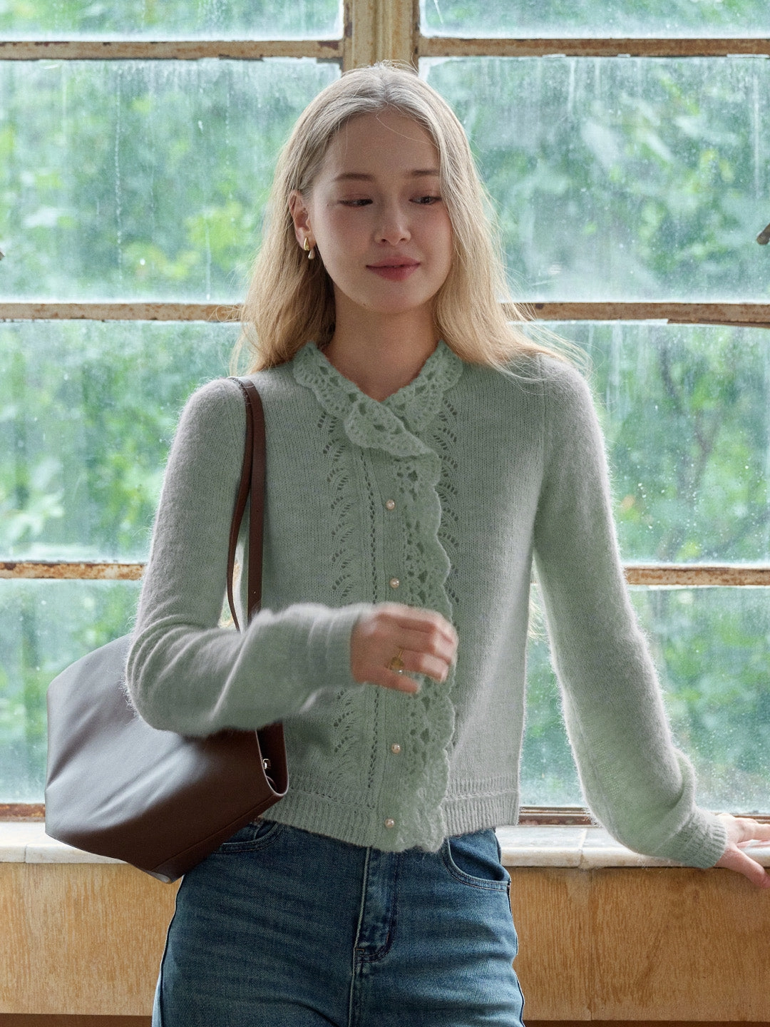 Clean Style Lauren Wavy Collar Hollow Knit Cardigan