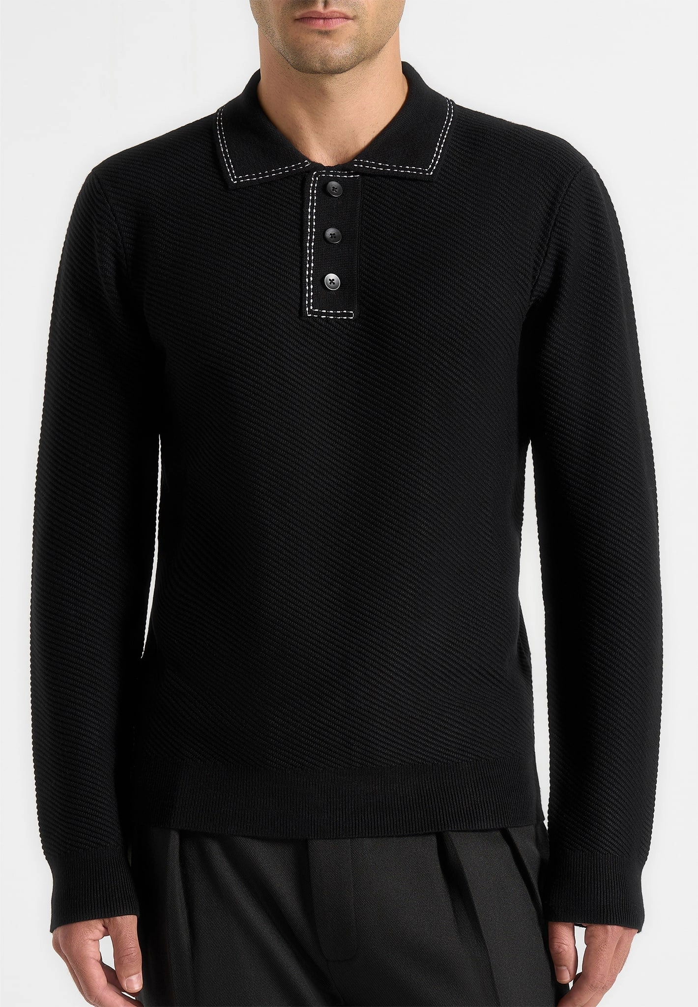 Aymeric - Whipstitch Detail Long Sleeve Knit Polo Shirt - Black Daily Comforted