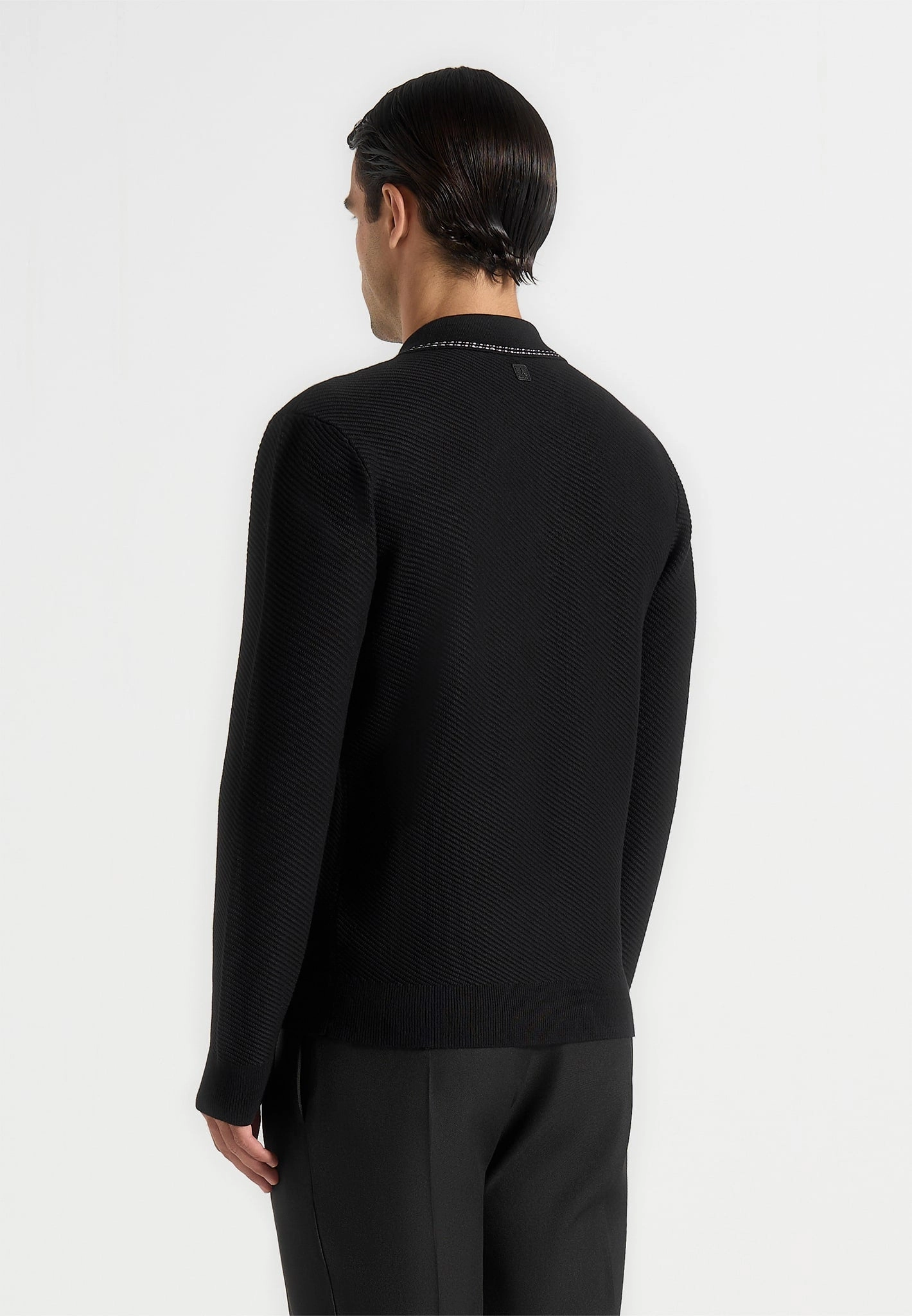 Hypoallergenic Fiber Touch Of Soft Aymeric - Whipstitch Detail Long Sleeve Knit Polo Shirt - Black