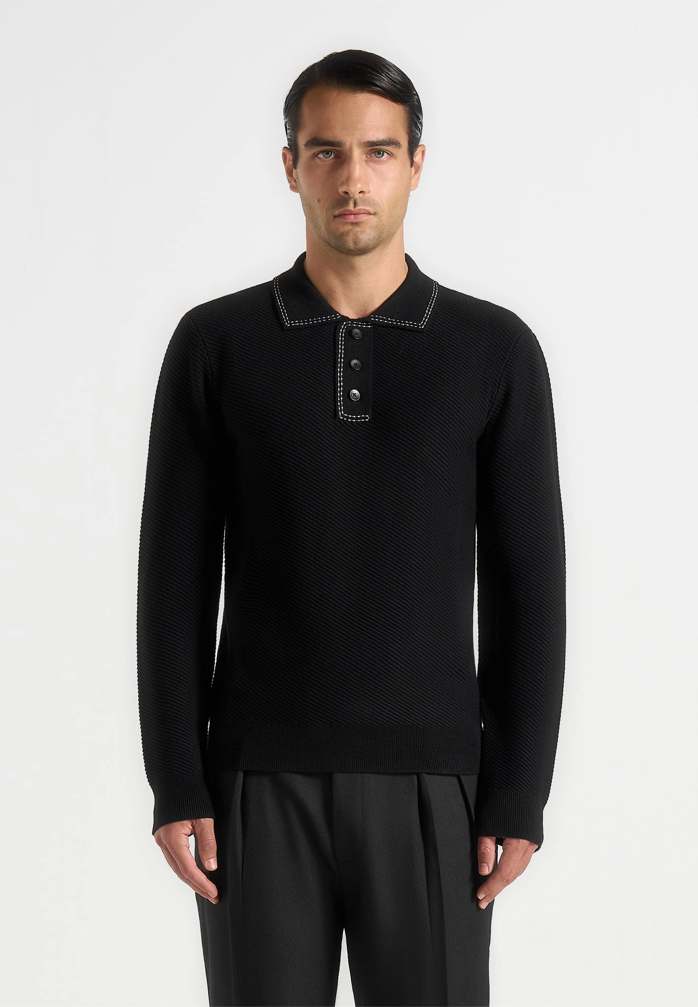 Warm Layers Aymeric - Whipstitch Detail Long Sleeve Knit Polo Shirt - Black
