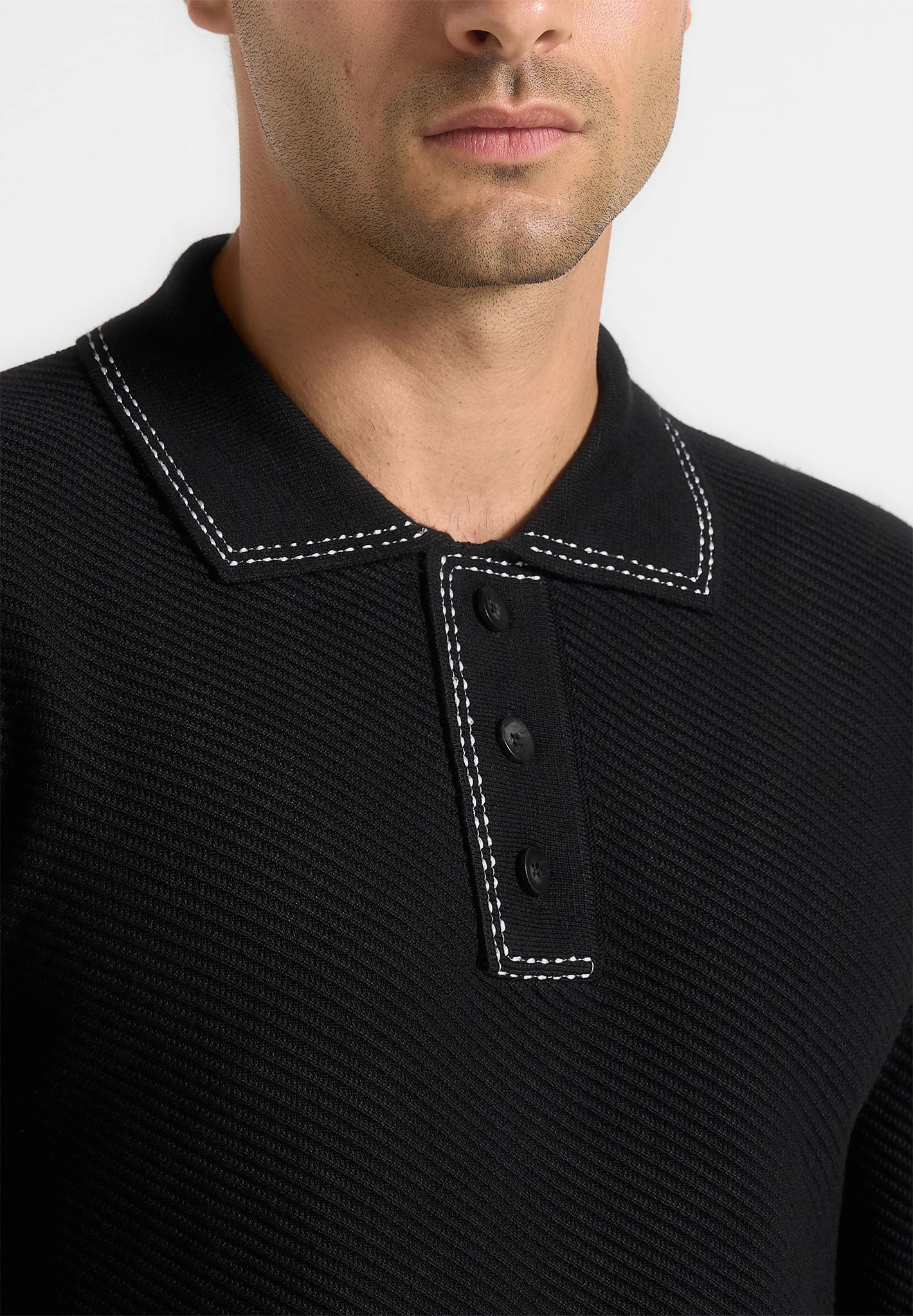 Home Casual Outfit Aymeric - Whipstitch Detail Long Sleeve Knit Polo Shirt - Black