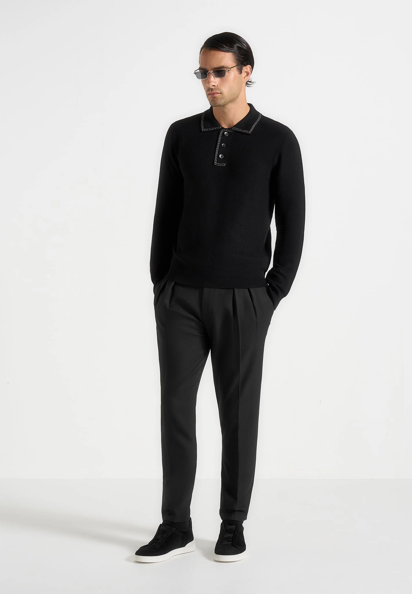 Aymeric - Whipstitch Detail Long Sleeve Knit Polo Shirt - Black Eco Conscious Manufacturing