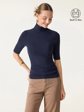 DurableDoubleLayeredHem Essential Turtleneck Elbow Length Sleeve Brami