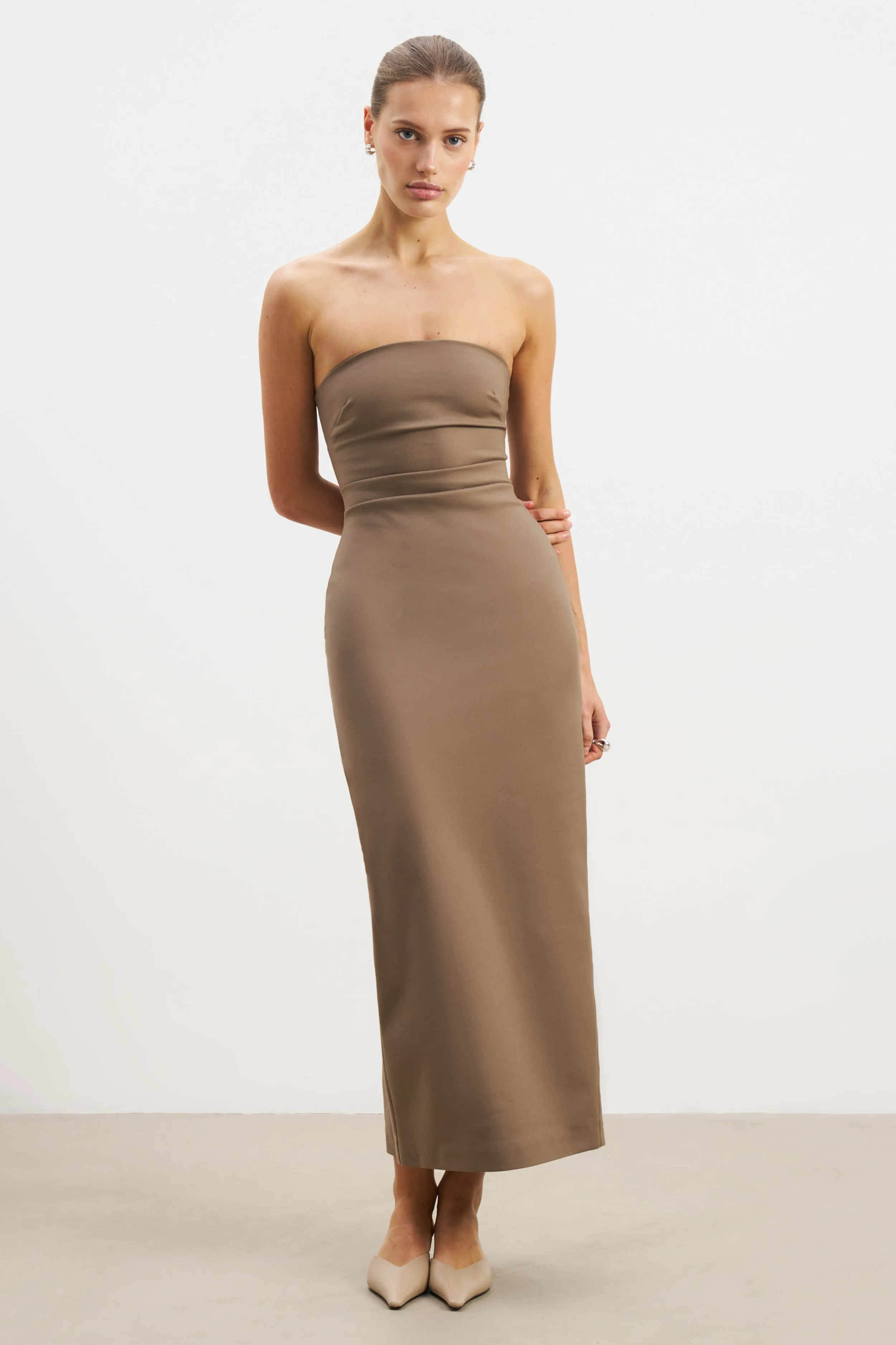 Strapless Ruched Midaxi Dress - Latte Chic Statement