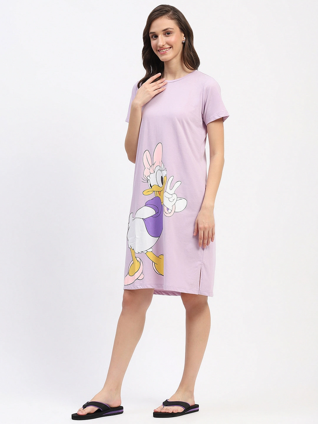 Pocket-Detail mSECRET Disney Graphic Print Cotton Lilac Sleep Shirt Dress