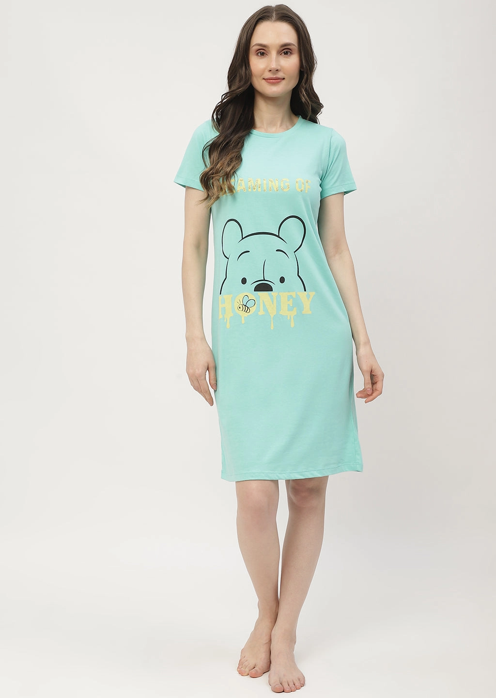 Olive Tone Silky Form mSECRET Disney Pooh Printed Mint Green Nightdress