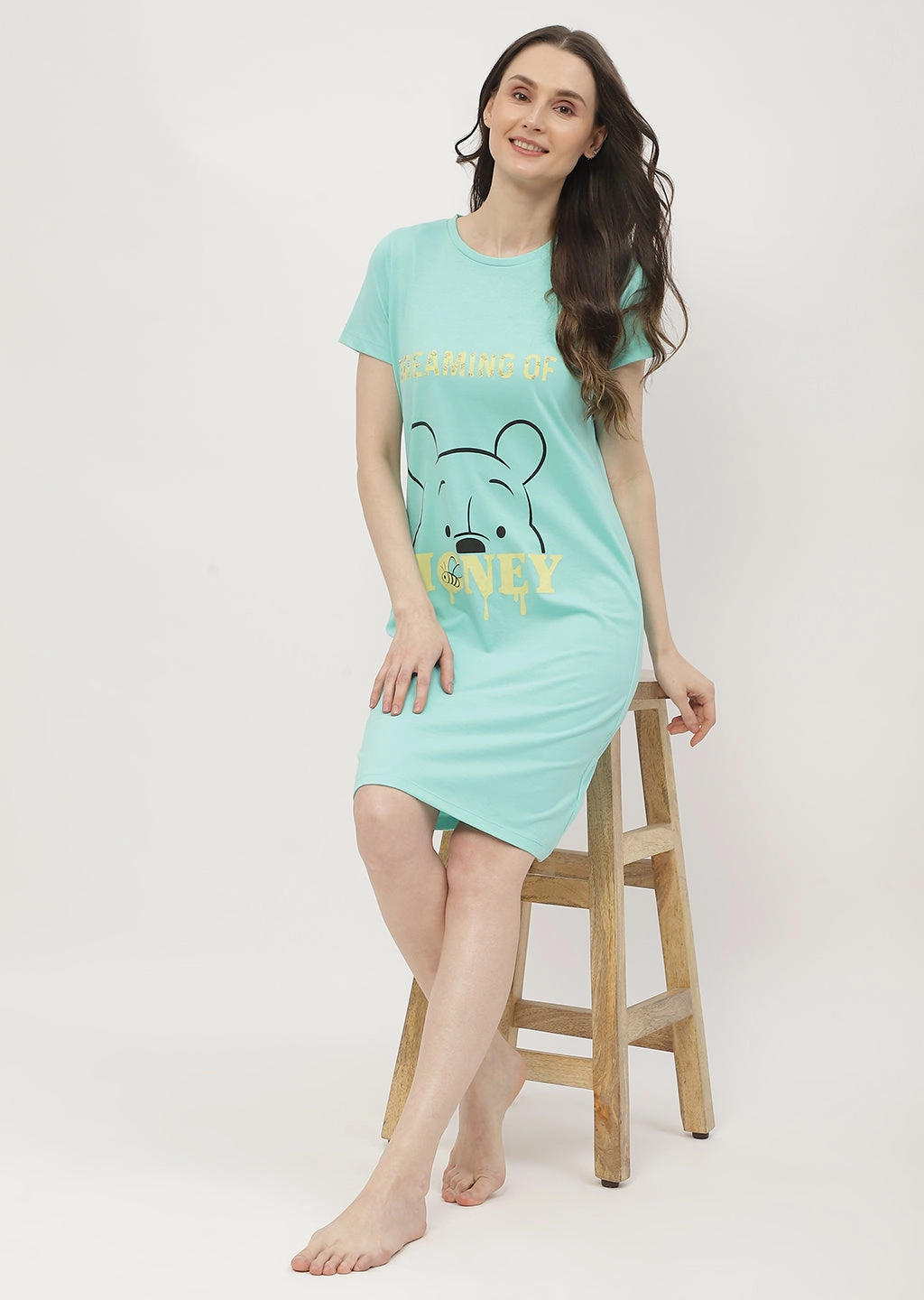 mSECRET Disney Pooh Printed Mint Green Nightdress Glossy-Finish