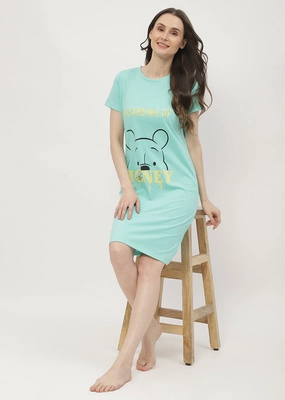 mSECRET Disney Pooh Printed Mint Green Nightdress Glossy-Finish