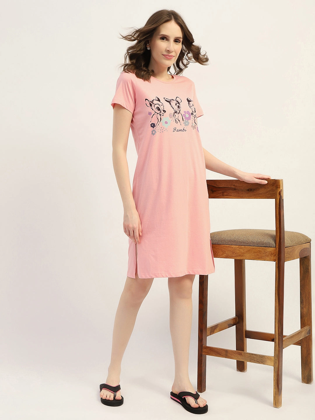 mSECRET Printed Peach Cotton Nightdress Chilly Day Wear