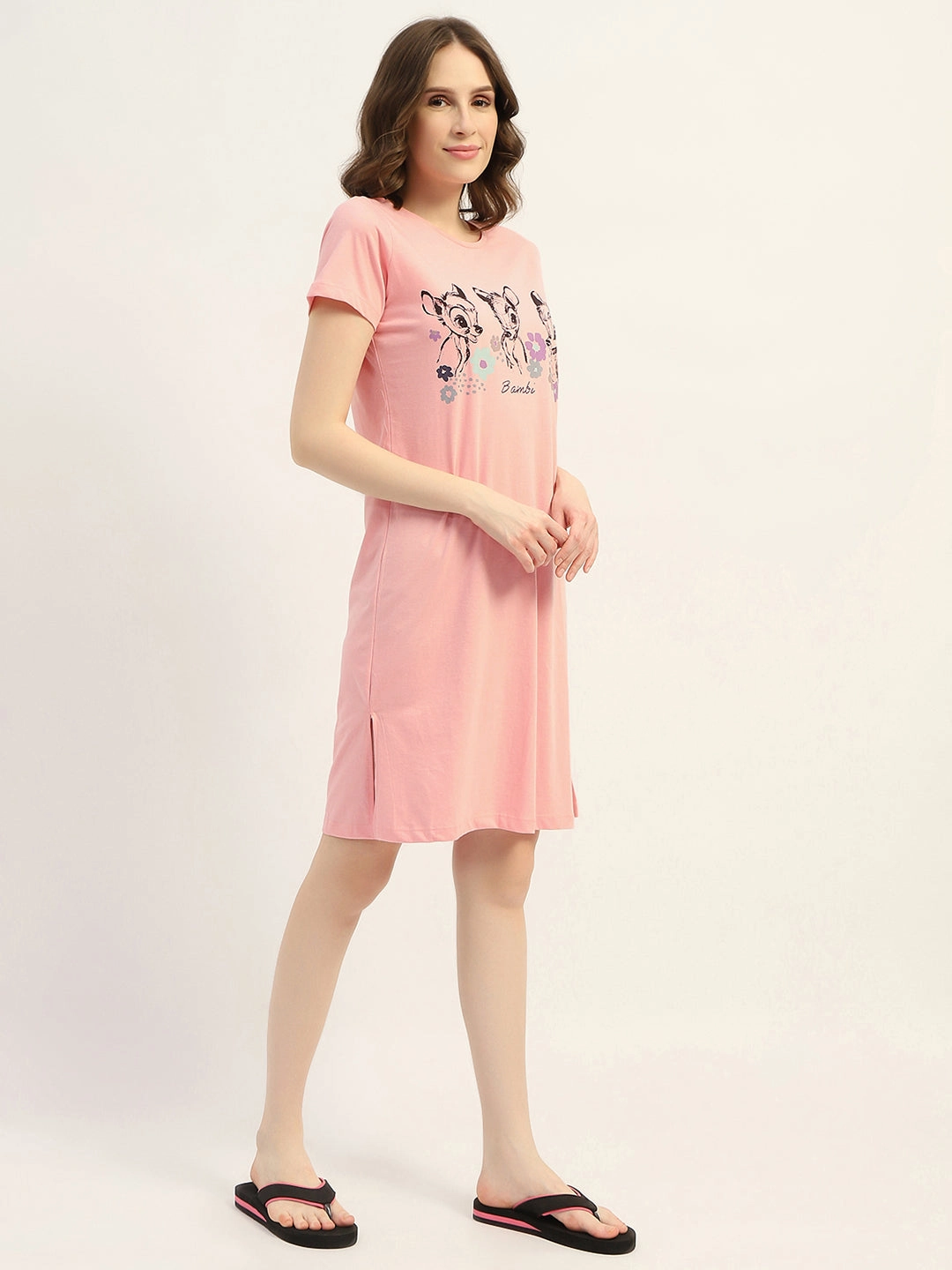 Holiday-Party Tailored Cut mSECRET Printed Peach Cotton Nightdress